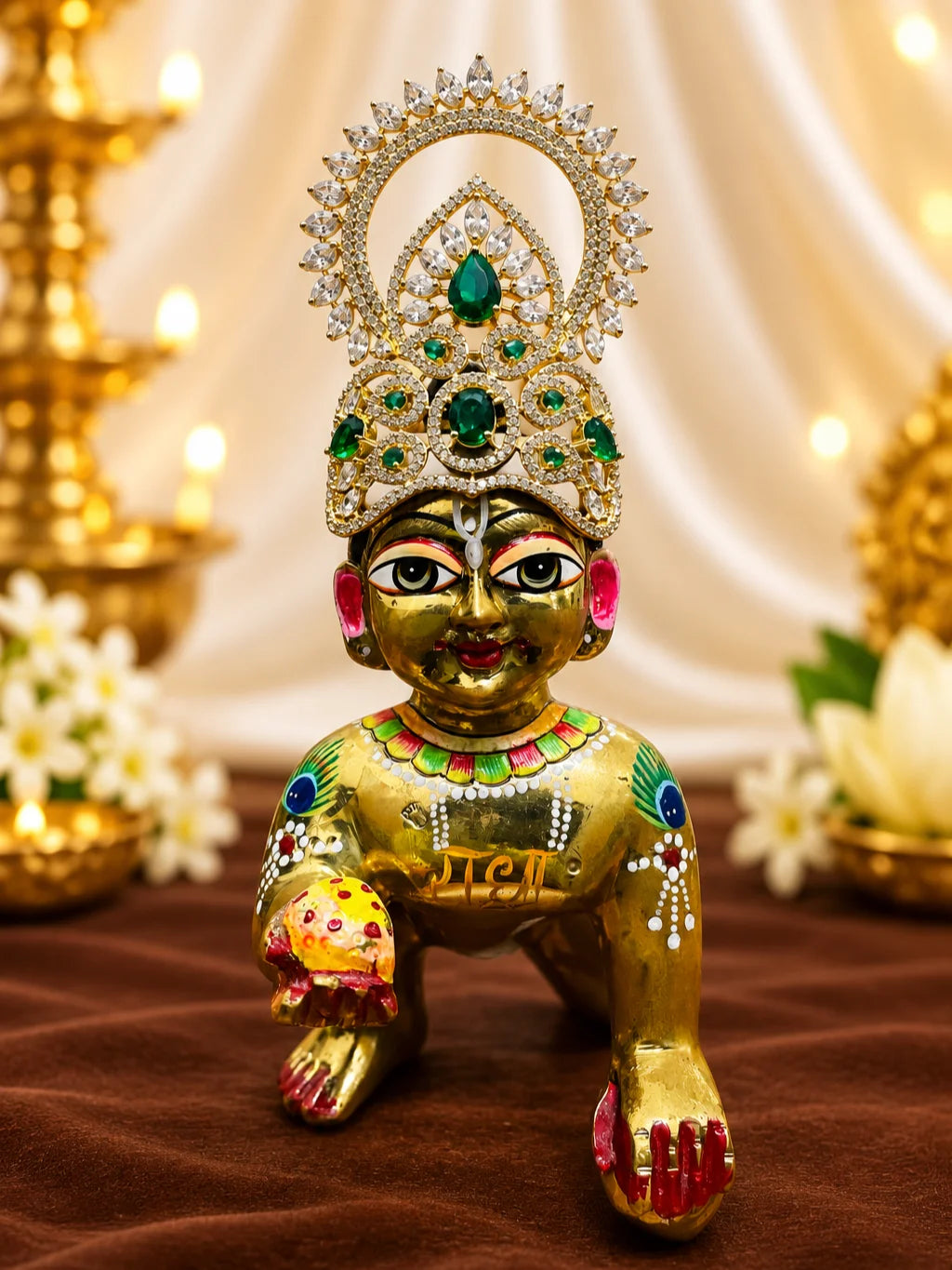 Harit Ratna Prabha AD Mukut for Deity with green jewel-inspired accents and sparkling American Diamond detailing
