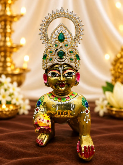 Harit Ratna Prabha AD Mukut for Deity with green jewel-inspired accents and sparkling American Diamond detailing
