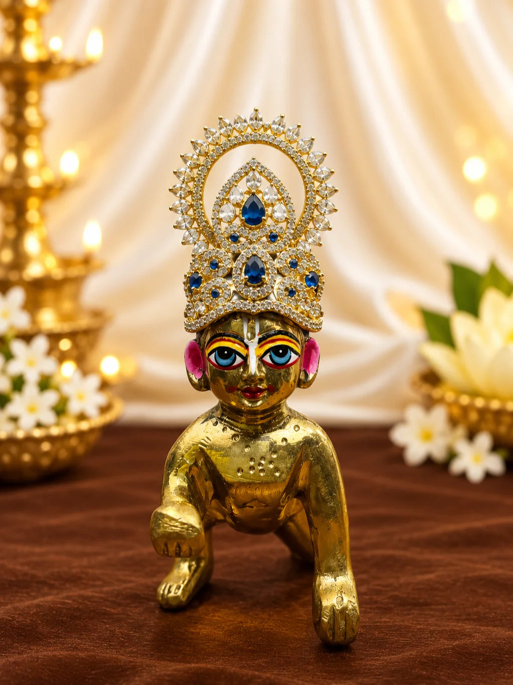 Harit Ratna Prabha AD Mukut for Deity with green jewel-inspired accents and sparkling American Diamond detailing
