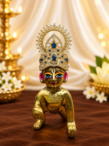 Harit Ratna Prabha AD Mukut for Deity with green jewel-inspired accents and sparkling American Diamond detailing
