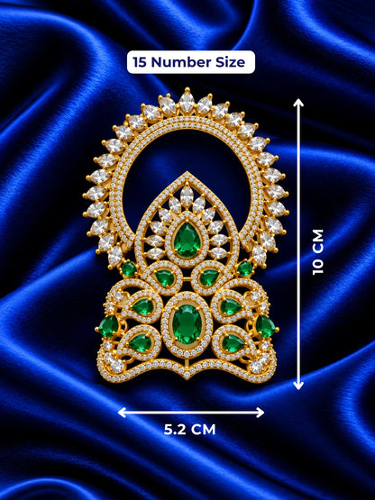Harit Ratna Prabha AD Mukut for Deity with green jewel-inspired accents and sparkling American Diamond detailing
