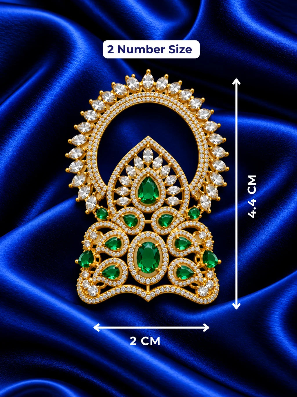 Harit Ratna Prabha AD Mukut for Deity with green jewel-inspired accents and sparkling American Diamond detailing
