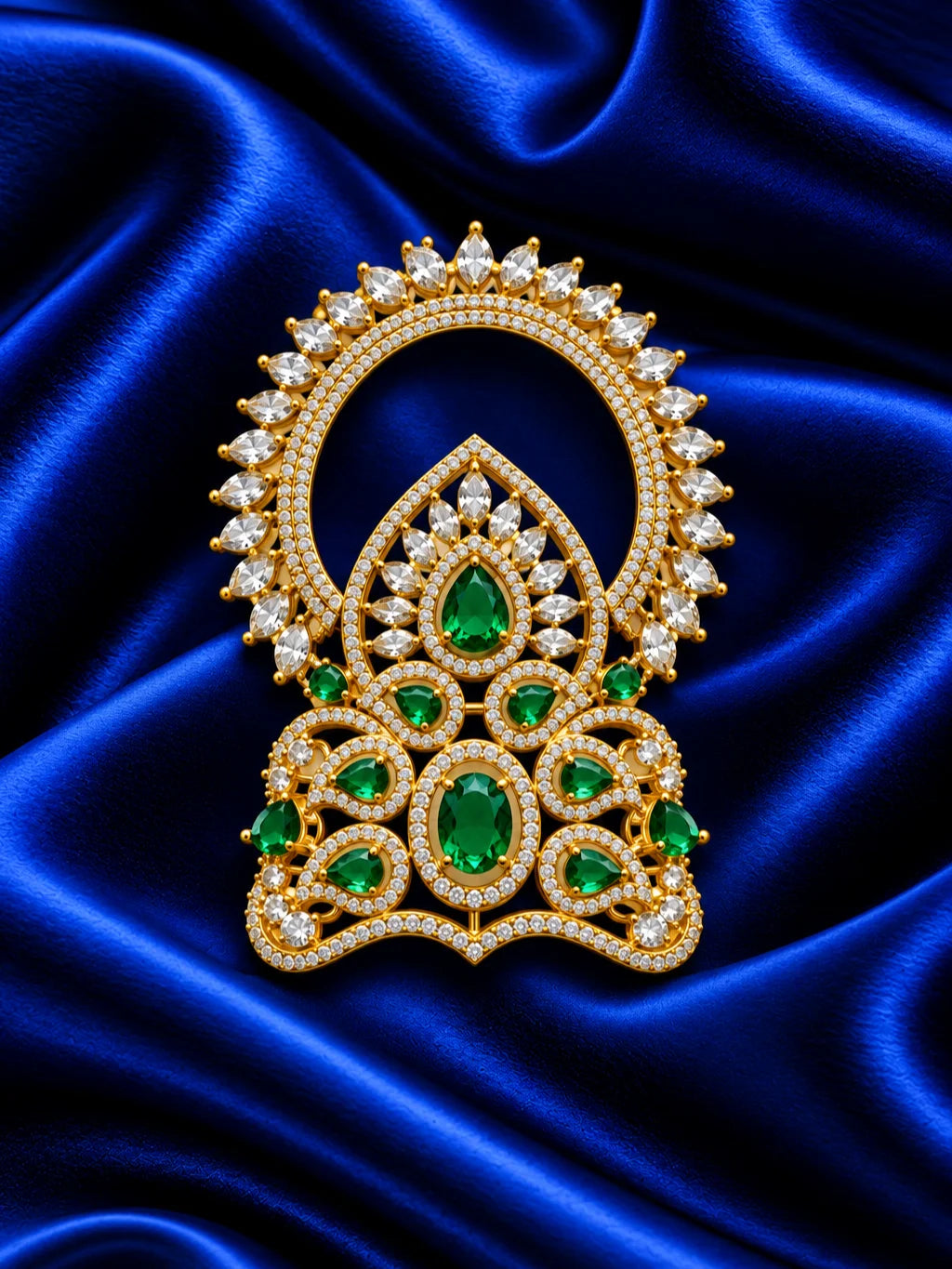 Harit Ratna Prabha AD Mukut for Deity with green jewel-inspired accents and sparkling American Diamond detailing
