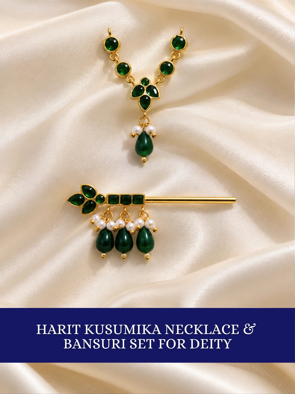 Harit Kusumika Necklace and Bansuri Set for Deity featuring green floral-inspired jewellery and a matching decorative Krishna flute for Laddu Gopal shringar
