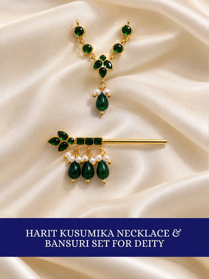 Harit Kusumika Necklace and Bansuri Set for Deity featuring green floral-inspired jewellery and a matching decorative Krishna flute for Laddu Gopal shringar
