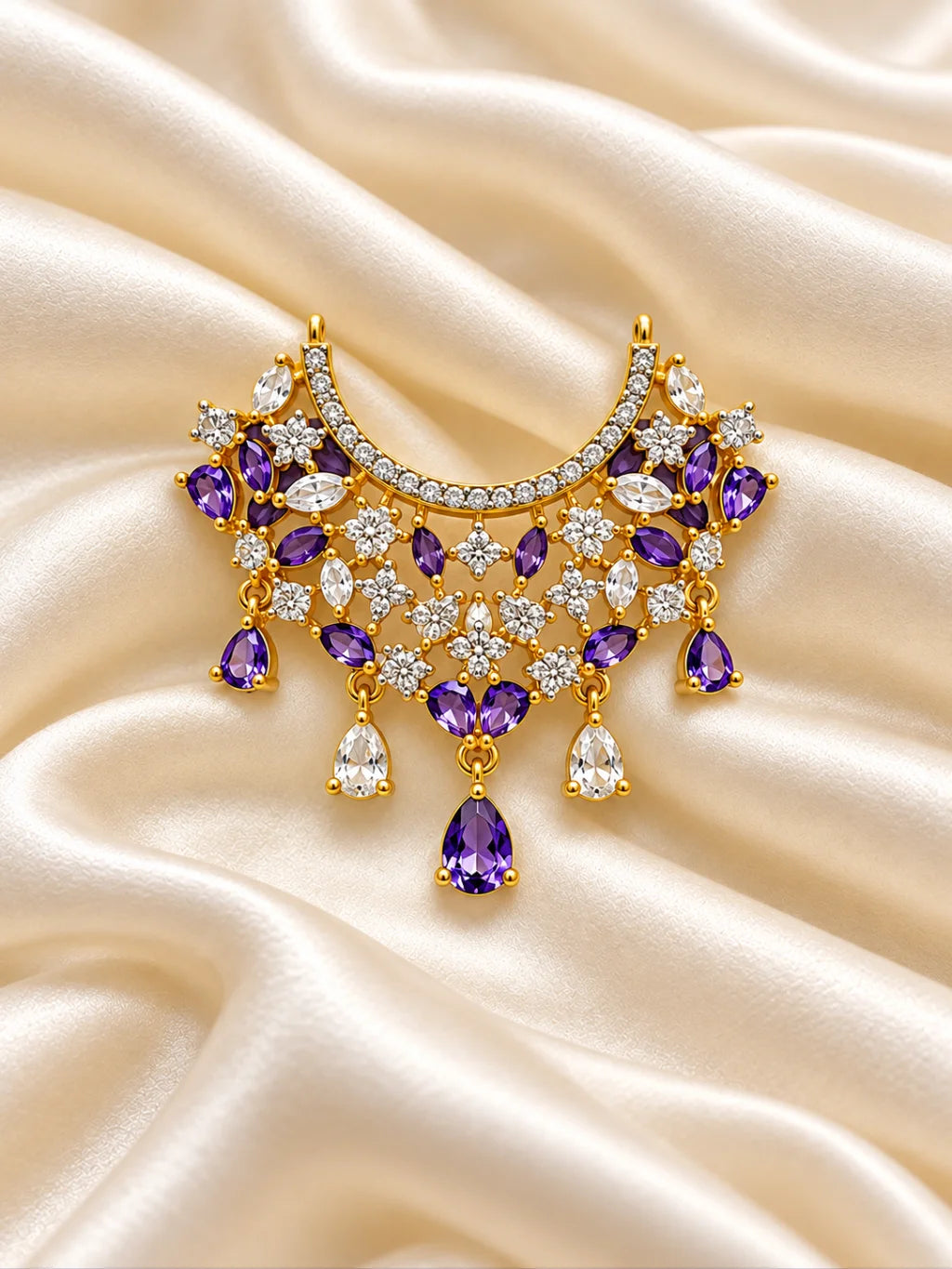Indraneel Madhuri AD Necklace for Deity with deep blue jewel-inspired accents and sparkling American Diamond detailing