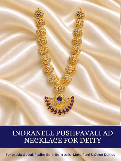 Indraneel Pushpavali AD Necklace for Deity with sapphire-blue inspired floral ornamentation and sparkling American Diamond detailing for Laddu Gopal and Radha Rani shringar
