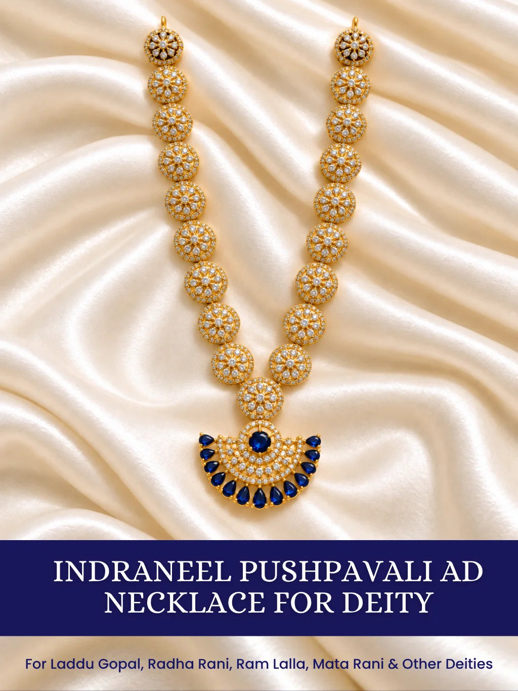 Indraneel Pushpavali AD Necklace for Deity with sapphire-blue inspired floral ornamentation and sparkling American Diamond detailing for Laddu Gopal and Radha Rani shringar
