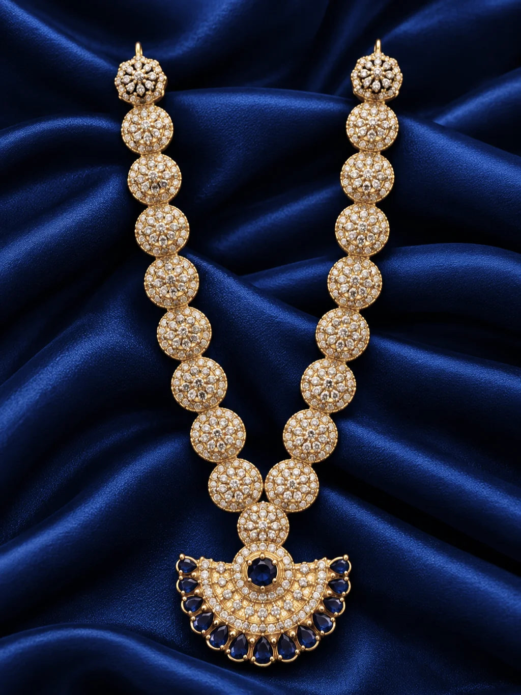 Indraneel Pushpavali AD Necklace for Deity with sapphire-blue inspired floral ornamentation and sparkling American Diamond detailing for Laddu Gopal and Radha Rani shringar
