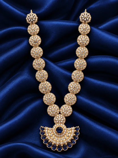 Indraneel Pushpavali AD Necklace for Deity with sapphire-blue inspired floral ornamentation and sparkling American Diamond detailing for Laddu Gopal and Radha Rani shringar
