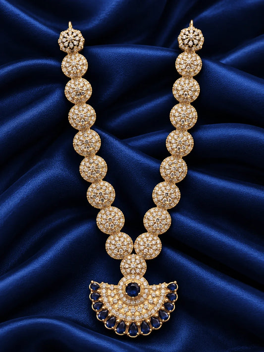 Indraneel Pushpavali AD Necklace for Deity with sapphire-blue inspired floral ornamentation and sparkling American Diamond detailing for Laddu Gopal and Radha Rani shringar
