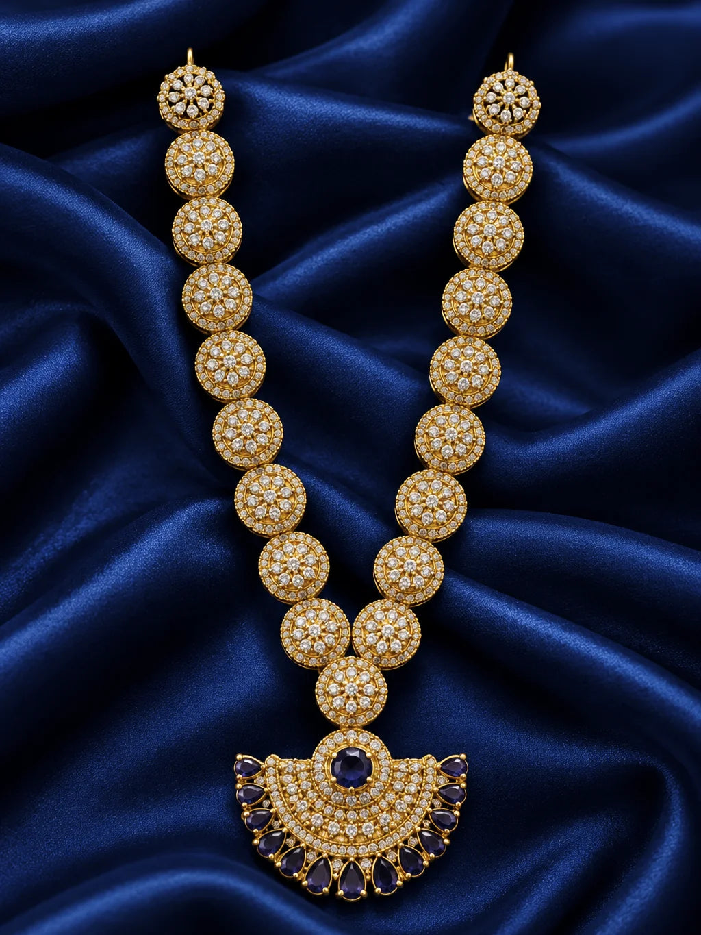 Indraneel Pushpavali AD Necklace for Deity with sapphire-blue inspired floral ornamentation and sparkling American Diamond detailing for Laddu Gopal and Radha Rani shringar
