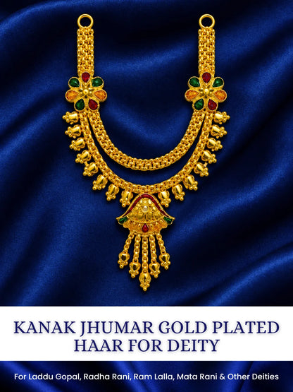 Kanak Jhumar Gold Plated Haar for Deity featuring elegant jhumar-inspired detailing and a rich golden finish. Ideal for Laddu Gopal and festive shringar.
