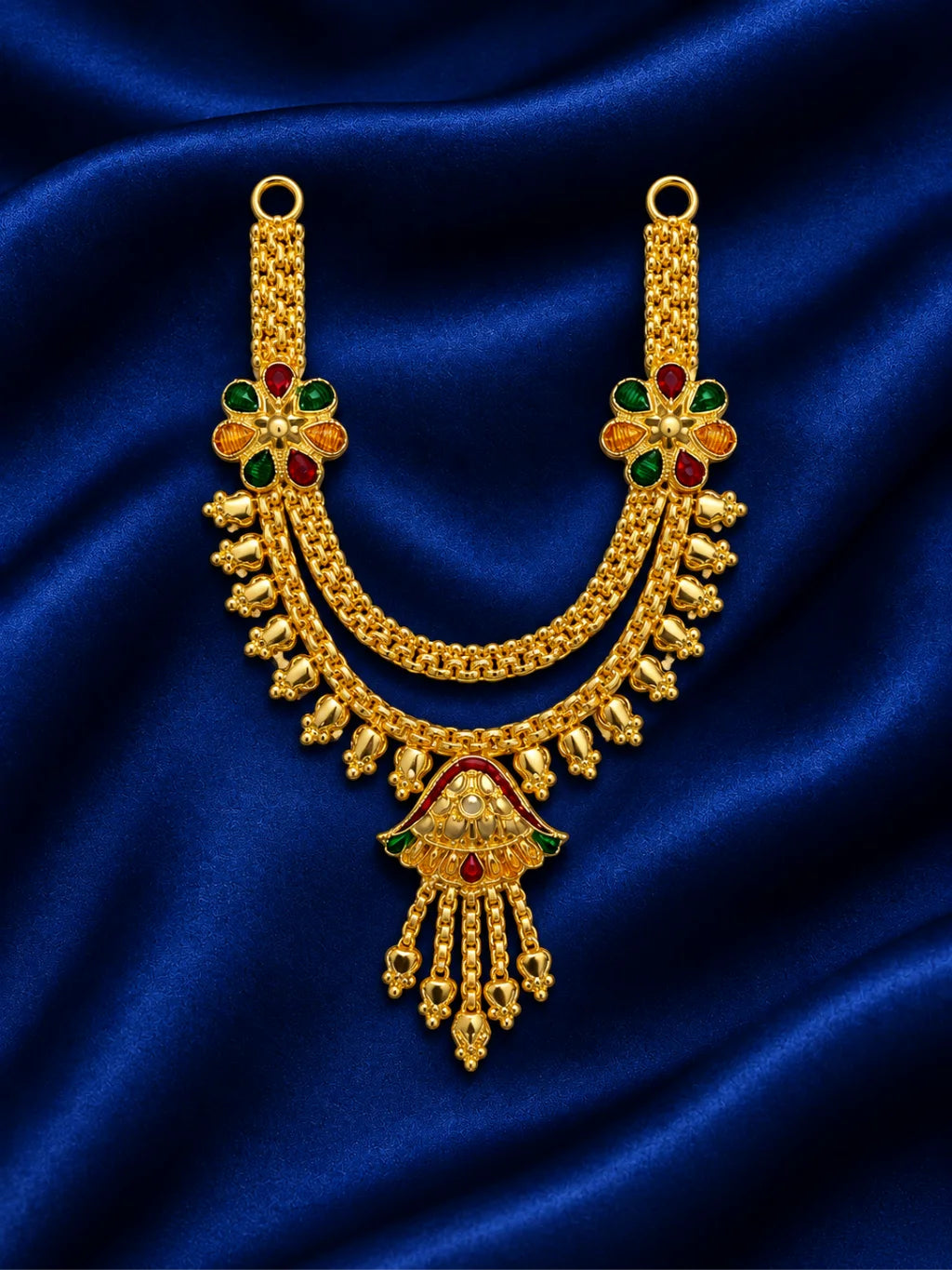Kanak Jhumar Gold Plated Haar for Deity featuring elegant jhumar-inspired detailing and a rich golden finish. Ideal for Laddu Gopal and festive shringar.
