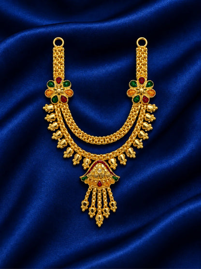 Kanak Jhumar Gold Plated Haar for Deity featuring elegant jhumar-inspired detailing and a rich golden finish. Ideal for Laddu Gopal and festive shringar.
