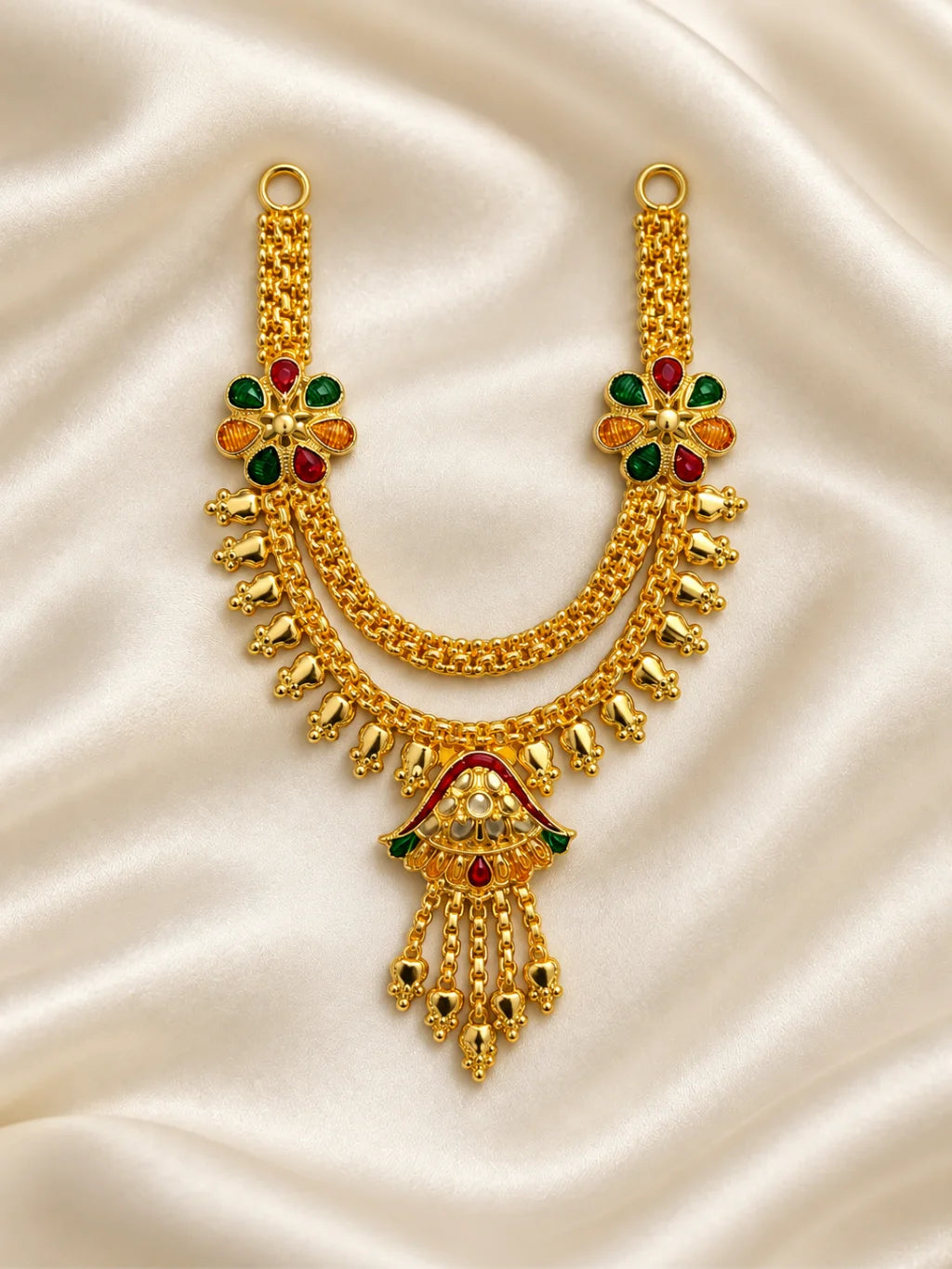 Kanak Jhumar Gold Plated Haar for Deity featuring elegant jhumar-inspired detailing and a rich golden finish. Ideal for Laddu Gopal and festive shringar.
