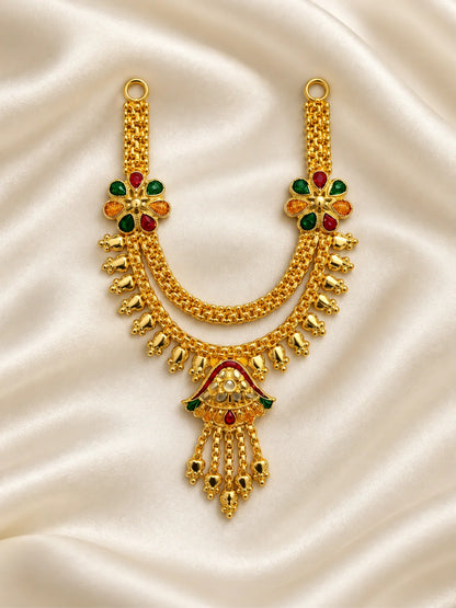 Kanak Jhumar Gold Plated Haar for Deity featuring elegant jhumar-inspired detailing and a rich golden finish. Ideal for Laddu Gopal and festive shringar.
