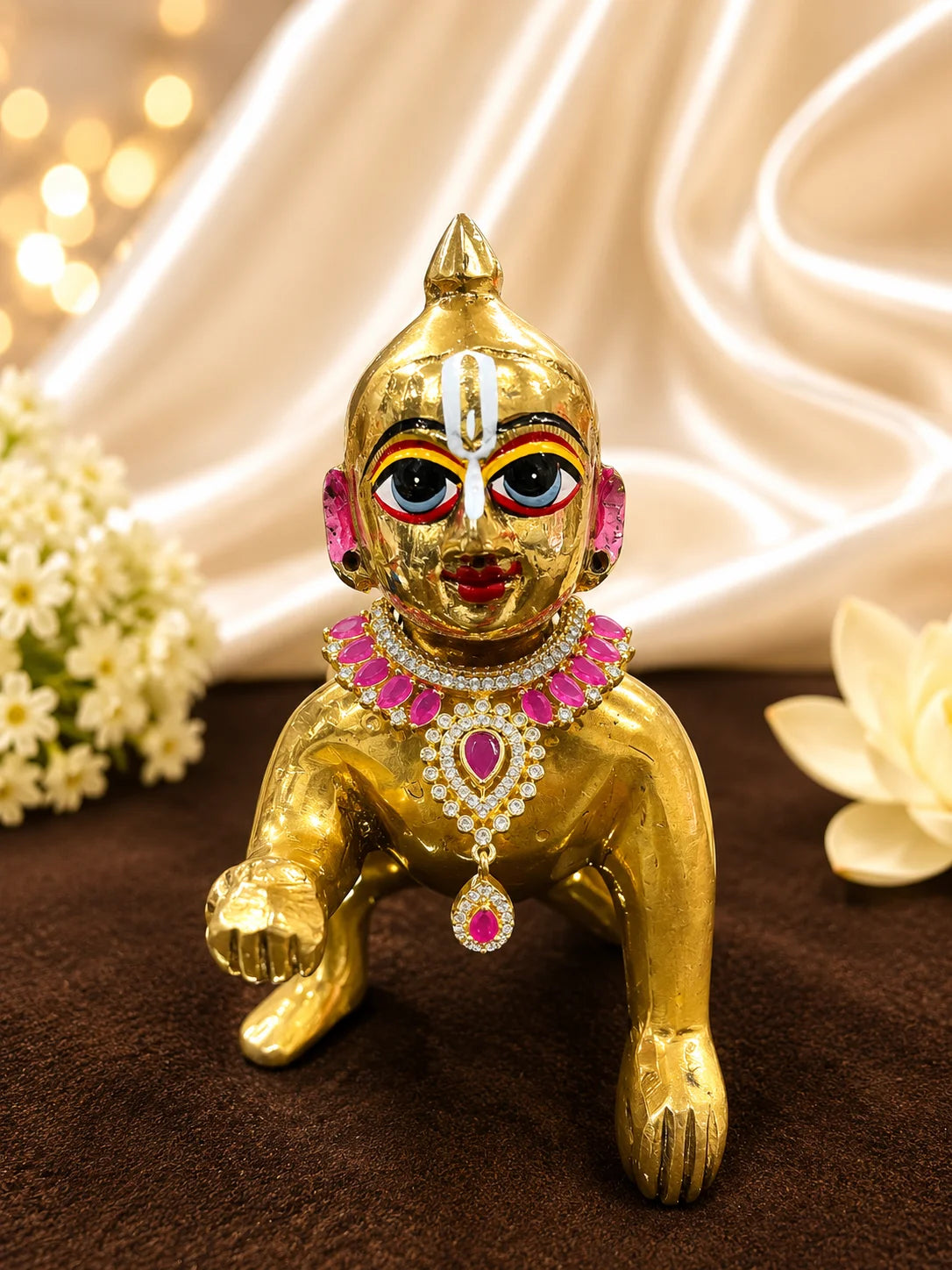 Premium gold plated Kanak Jyoti necklace with sparkling white American Diamond clusters for Laddu Gopal deity shringar