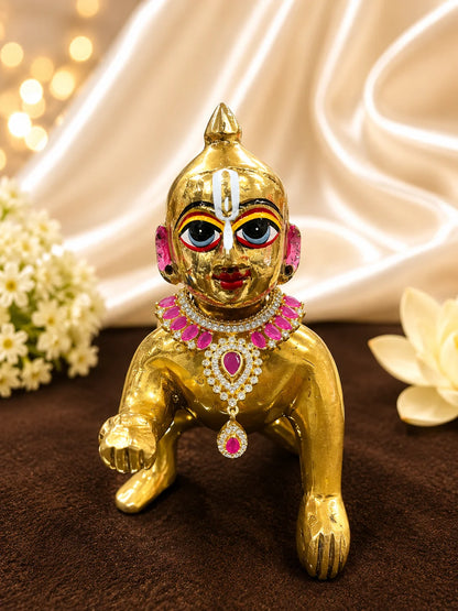 Premium gold plated Kanak Jyoti necklace with sparkling white American Diamond clusters for Laddu Gopal deity shringar
