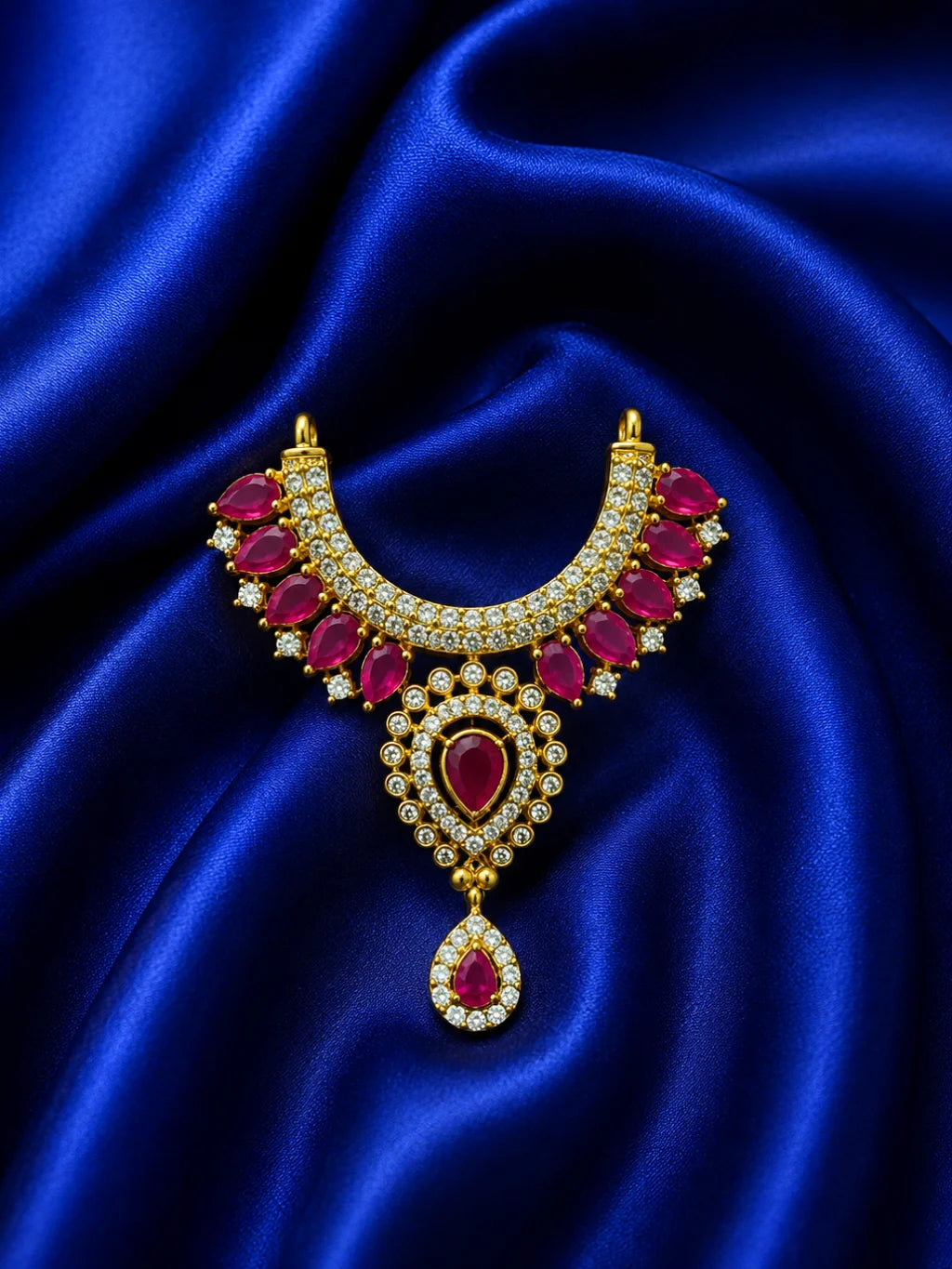 Premium gold plated Kanak Jyoti necklace with sparkling white American Diamond clusters for Laddu Gopal deity shringar