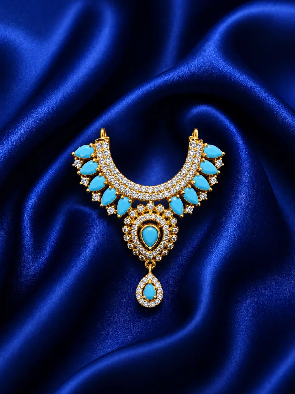 Premium gold plated Kanak Jyoti necklace with sparkling white American Diamond clusters for Laddu Gopal deity shringar
