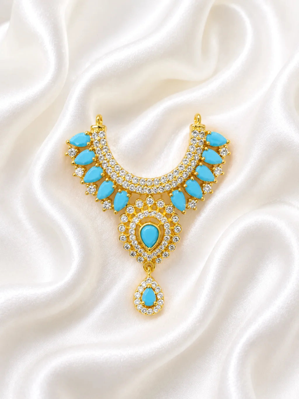 Premium gold plated Kanak Jyoti necklace with sparkling white American Diamond clusters for Laddu Gopal deity shringar