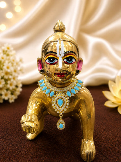 Premium gold plated Kanak Jyoti necklace with sparkling white American Diamond clusters for Laddu Gopal deity shringar