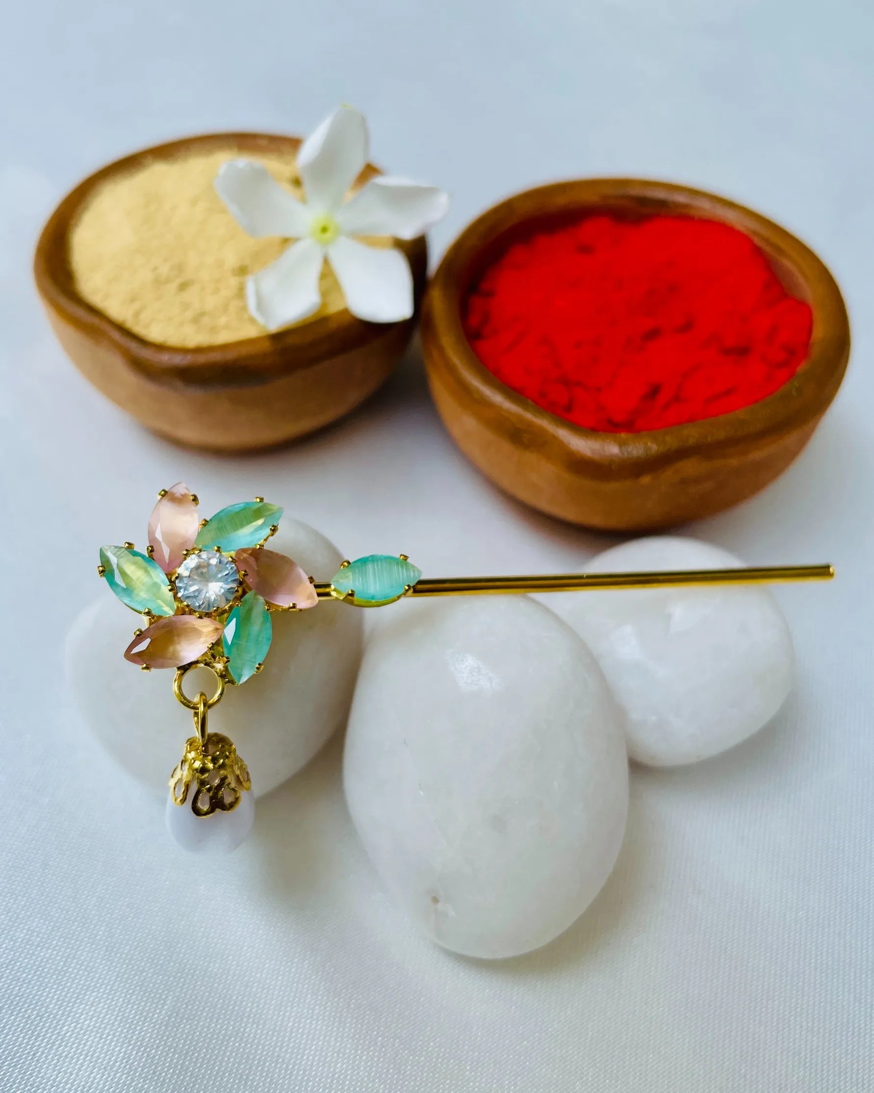 Laddu Gopal Basuri with pastel stones and pearl drop – designer Krishna flute for pooja.