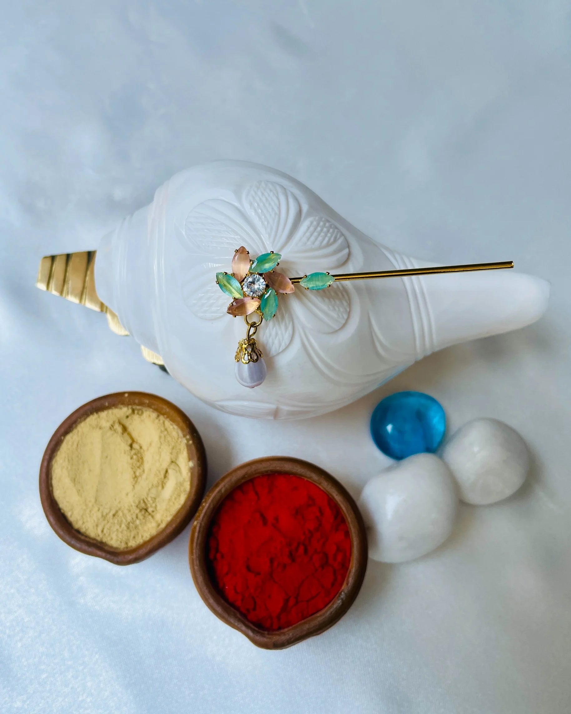 Laddu Gopal Basuri with pastel stones and pearl drop – designer Krishna flute for pooja.