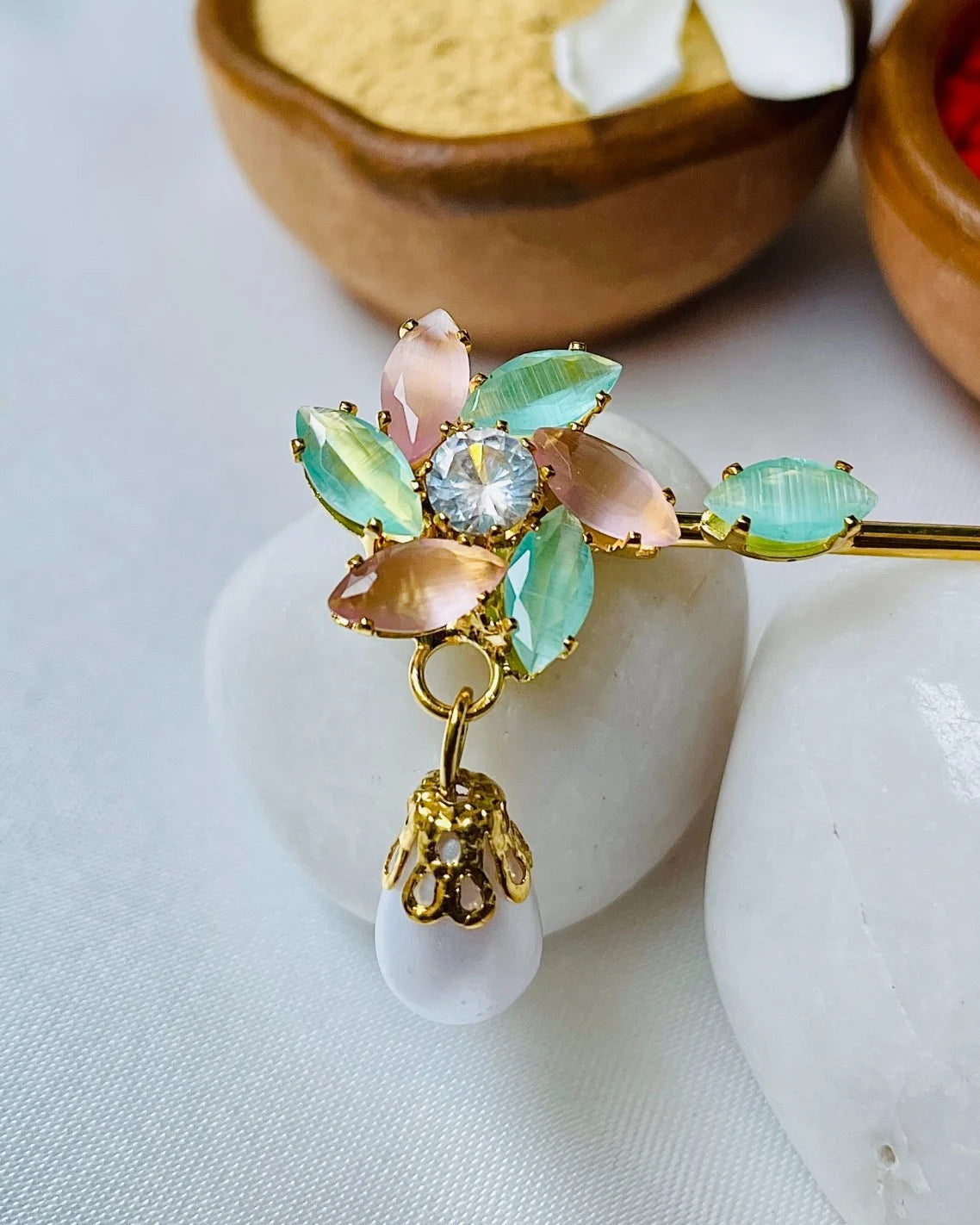 Laddu Gopal Basuri with pastel stones and pearl drop – designer Krishna flute for pooja.