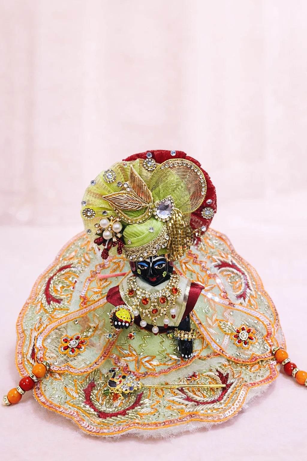 Laddu Gopal Dress – Green & Orange Embroidered Poshak Set