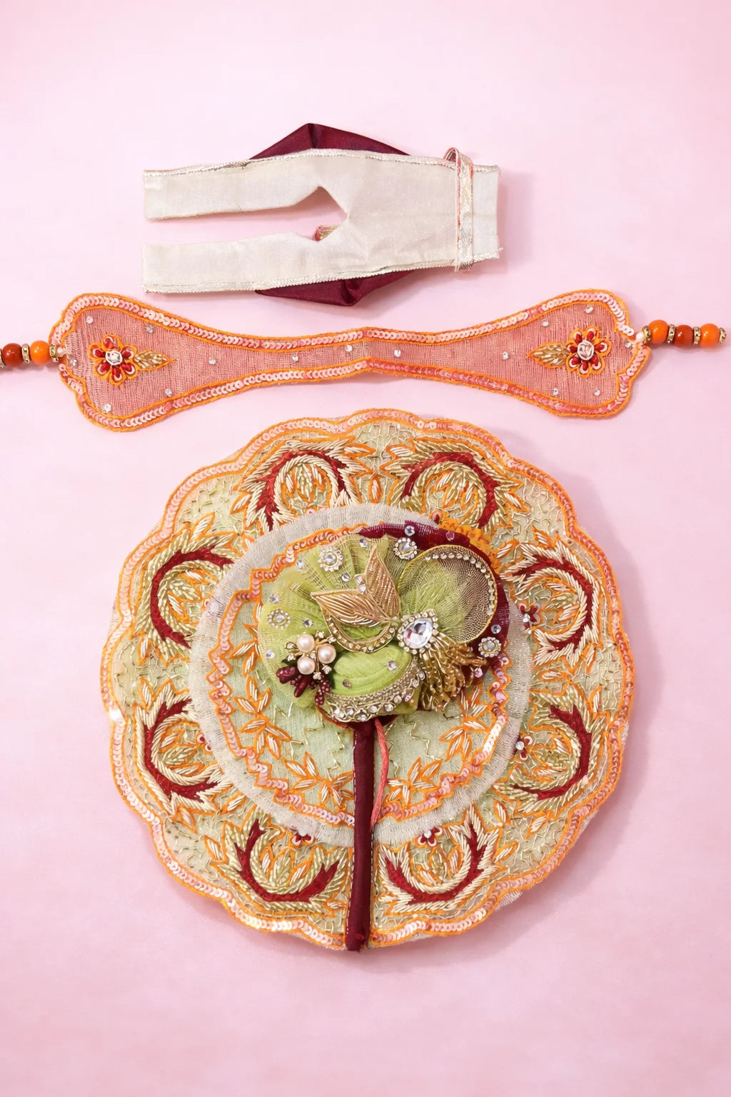 Laddu Gopal Dress – Green & Orange Embroidered Poshak Set