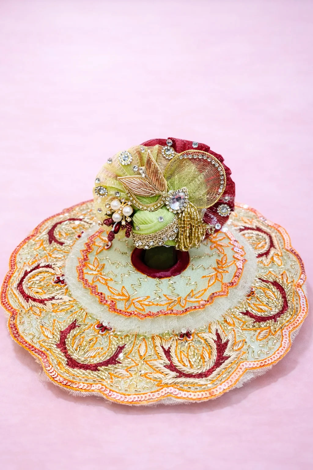 Laddu Gopal Dress – Green & Orange Embroidered Poshak Set