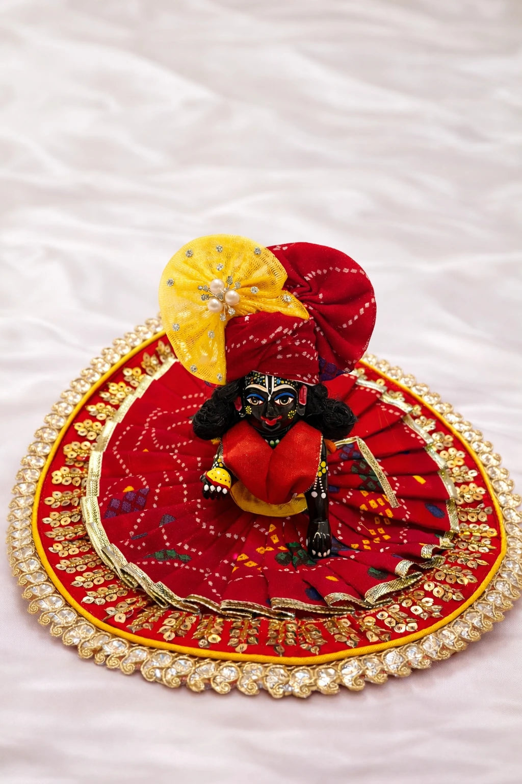 Laddu Gopal Dress – Red & Yellow Shringar with Golden Lace Border