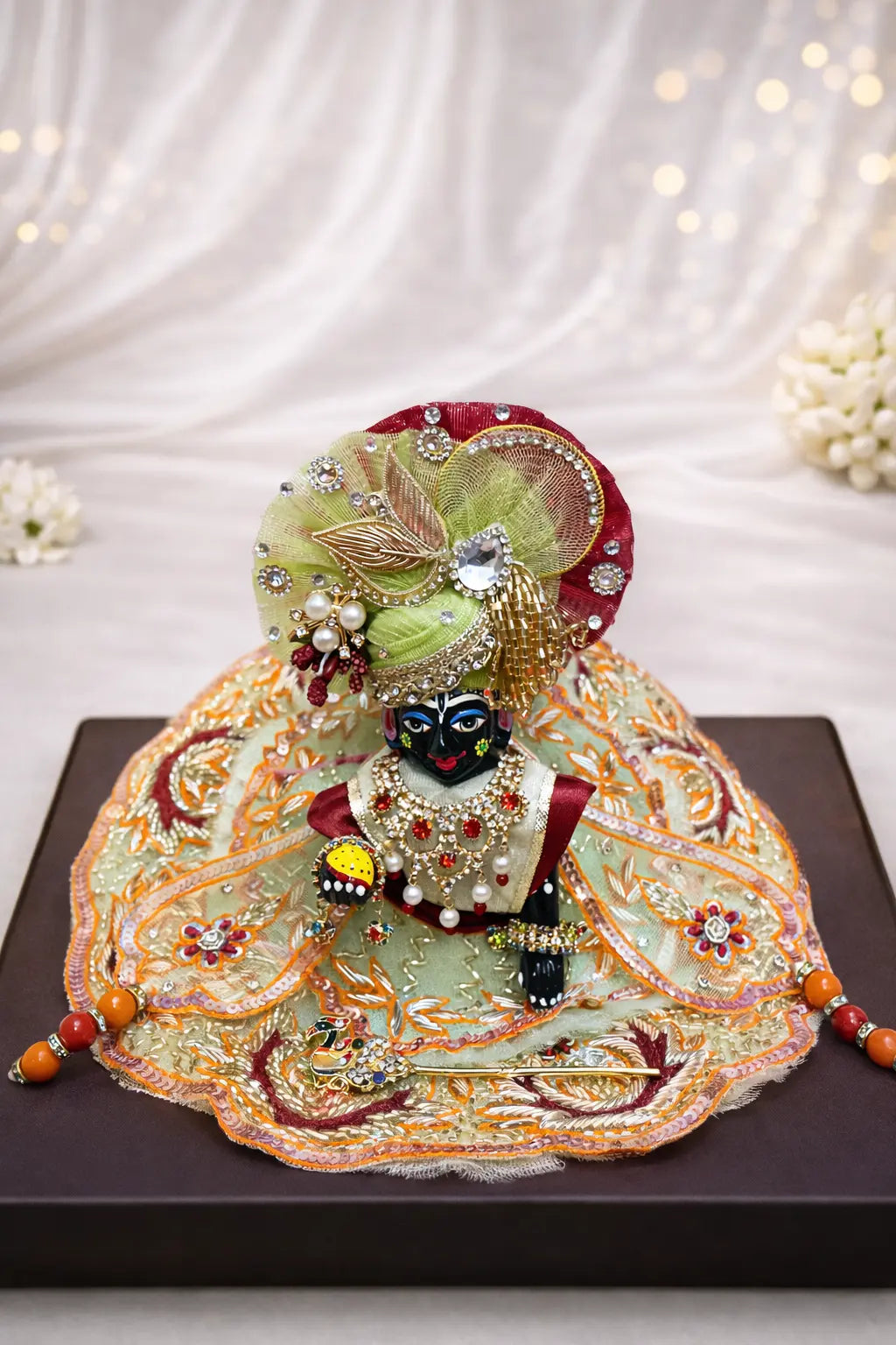 Laddu Gopal Dress – Green & Orange Embroidered Poshak Set