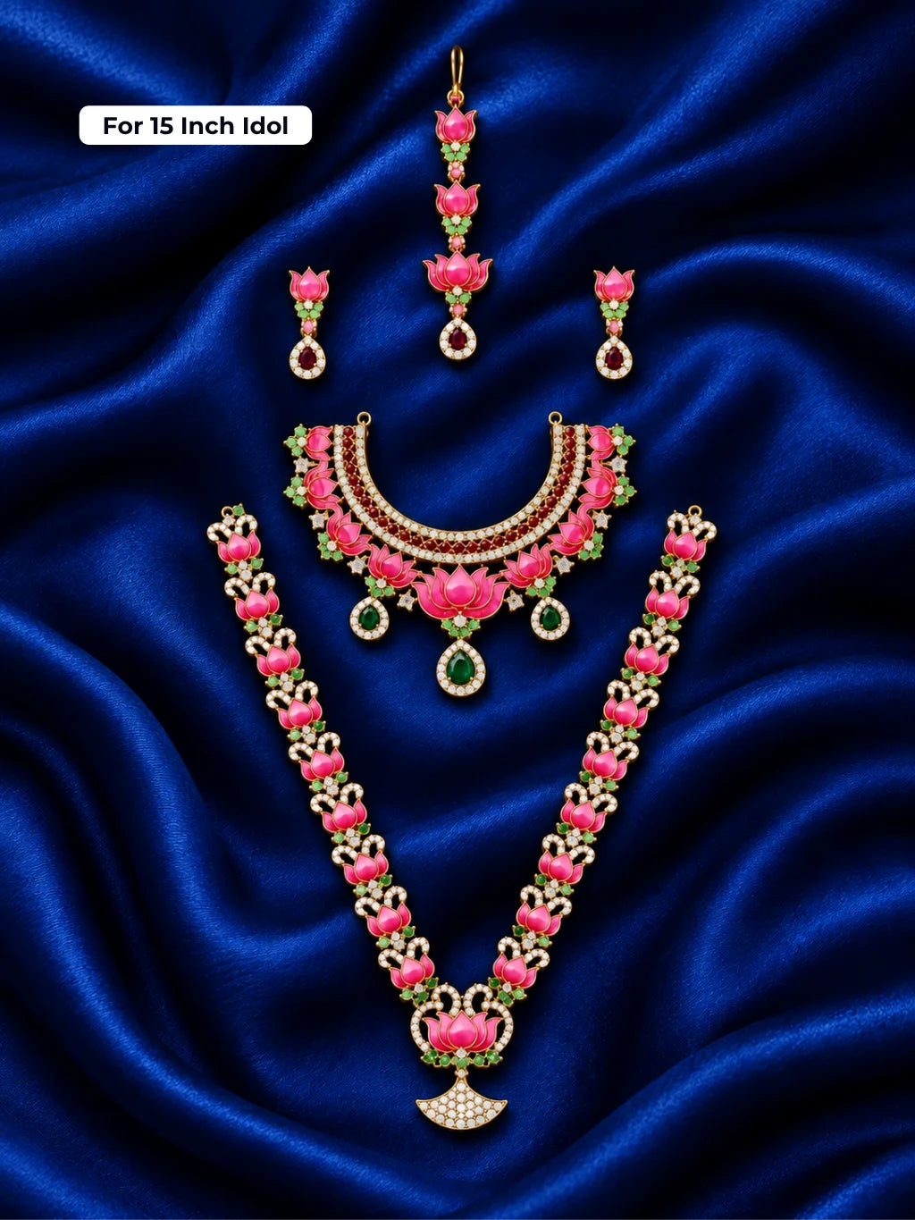Lotus Majesty AD Jewellery Set for Deity with pink lotus motifs, sparkling AD stones and coordinated ornaments. Designed for 15-inch deity idols.