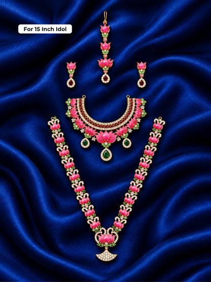 Lotus Majesty AD Jewellery Set for Deity with pink lotus motifs, sparkling AD stones and coordinated ornaments. Designed for 15-inch deity idols.