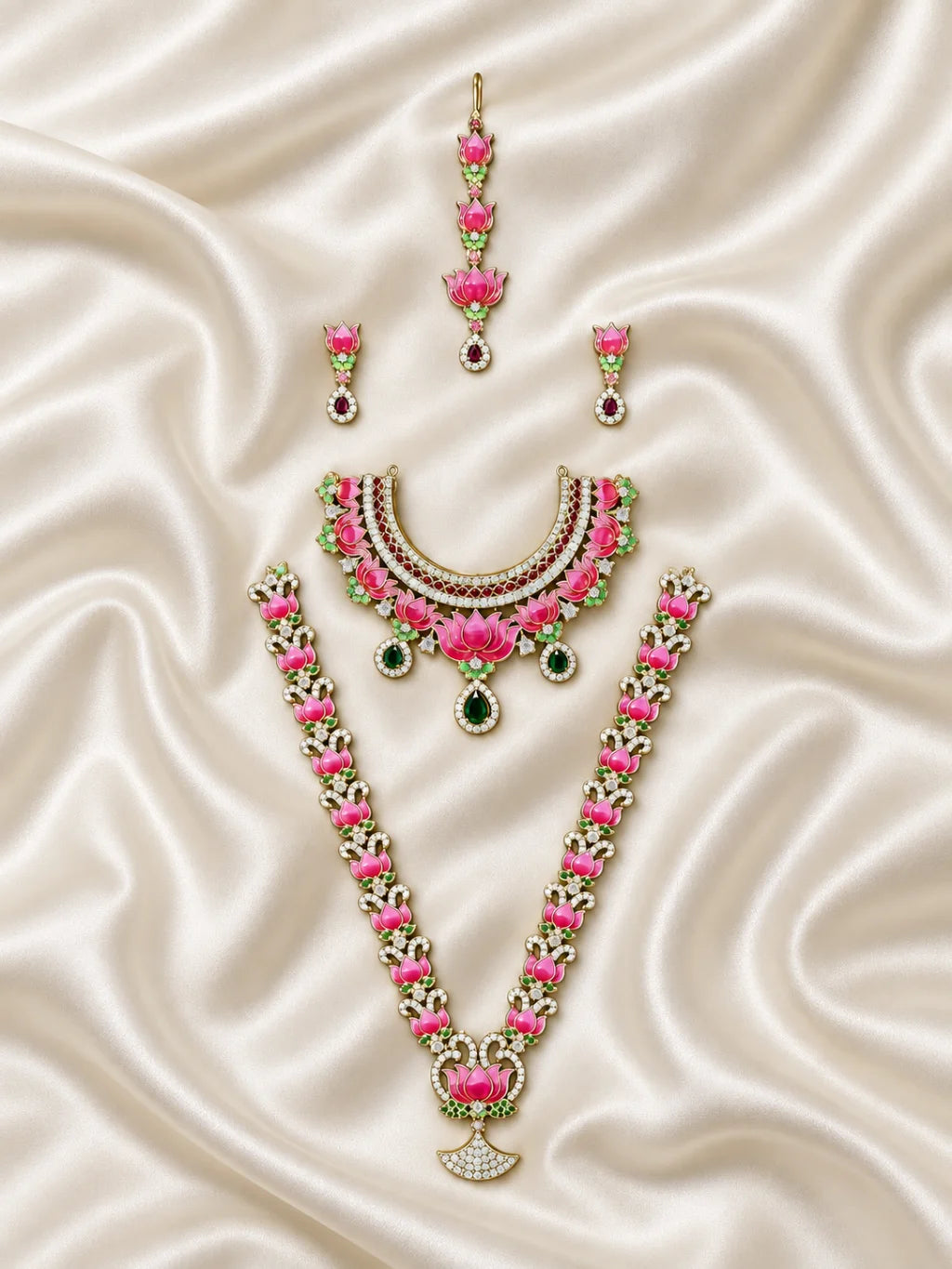 Lotus Majesty AD Jewellery Set for Deity with pink lotus motifs, sparkling AD stones and coordinated ornaments. Designed for 15-inch deity idols.