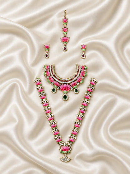 Lotus Majesty AD Jewellery Set for Deity with pink lotus motifs, sparkling AD stones and coordinated ornaments. Designed for 15-inch deity idols.