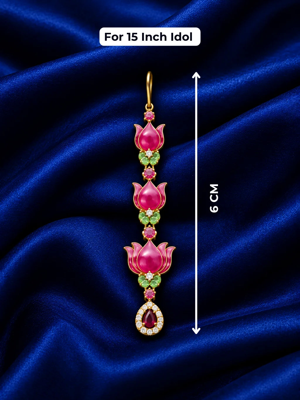 Lotus Majesty AD Jewellery Set for Deity with pink lotus motifs, sparkling AD stones and coordinated ornaments. Designed for 15-inch deity idols.