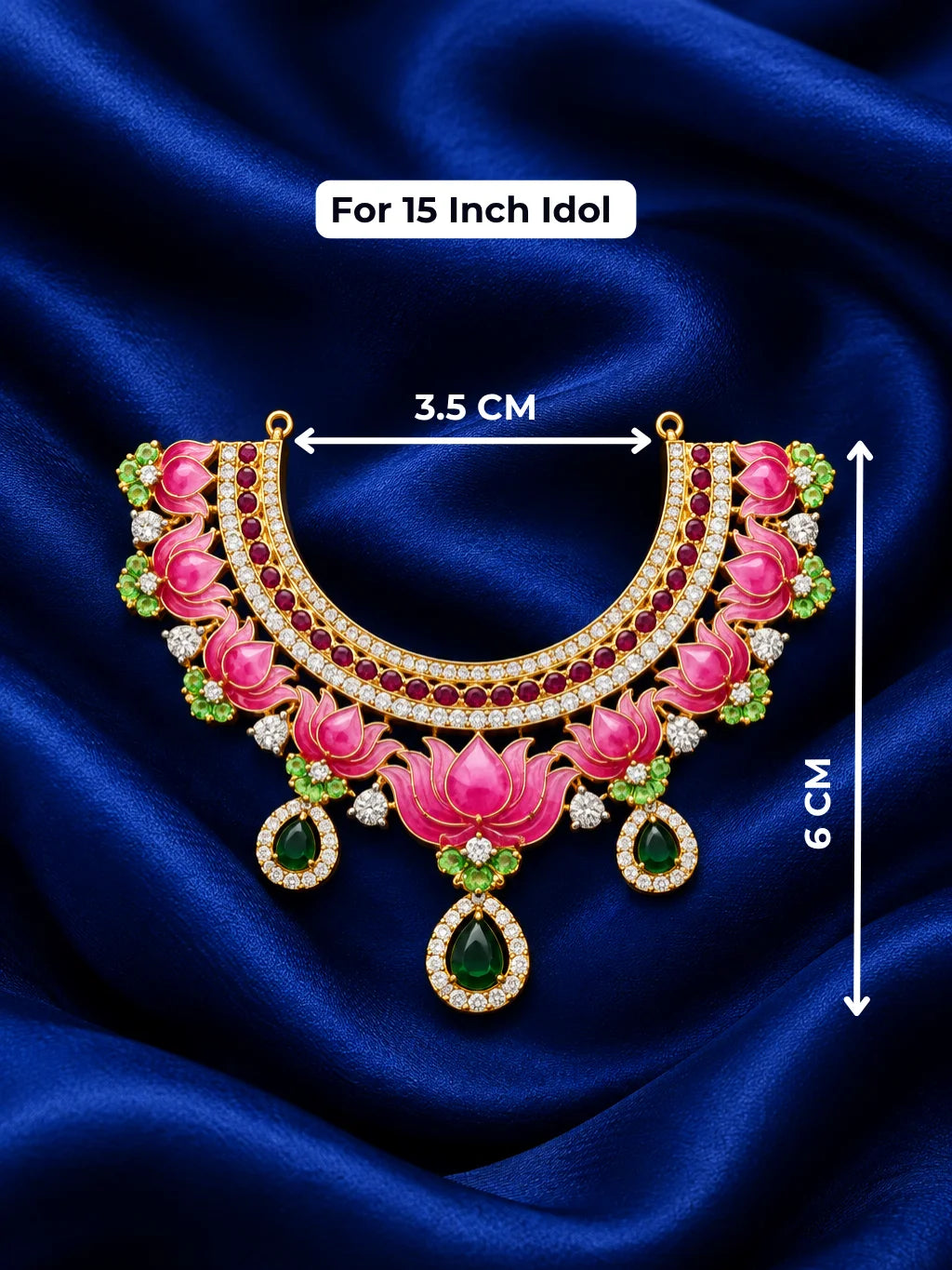 Lotus Majesty AD Jewellery Set for Deity with pink lotus motifs, sparkling AD stones and coordinated ornaments. Designed for 15-inch deity idols.