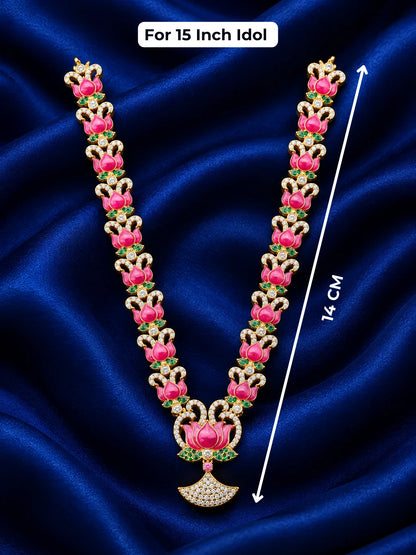 Lotus Majesty AD Jewellery Set for Deity with pink lotus motifs, sparkling AD stones and coordinated ornaments. Designed for 15-inch deity idols.