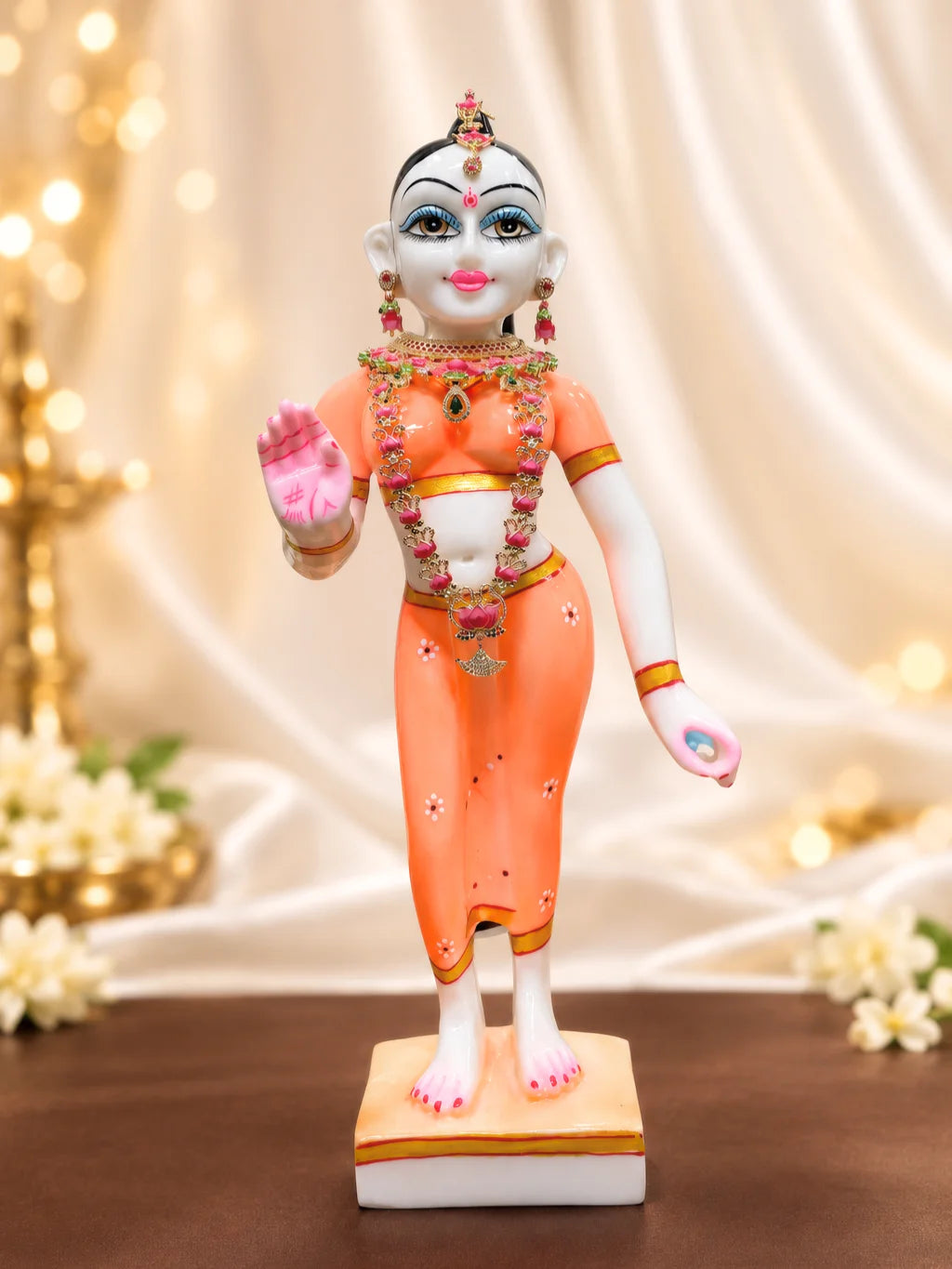 Lotus Majesty AD Jewellery Set for Deity with pink lotus motifs, sparkling AD stones and coordinated ornaments. Designed for 15-inch deity idols.