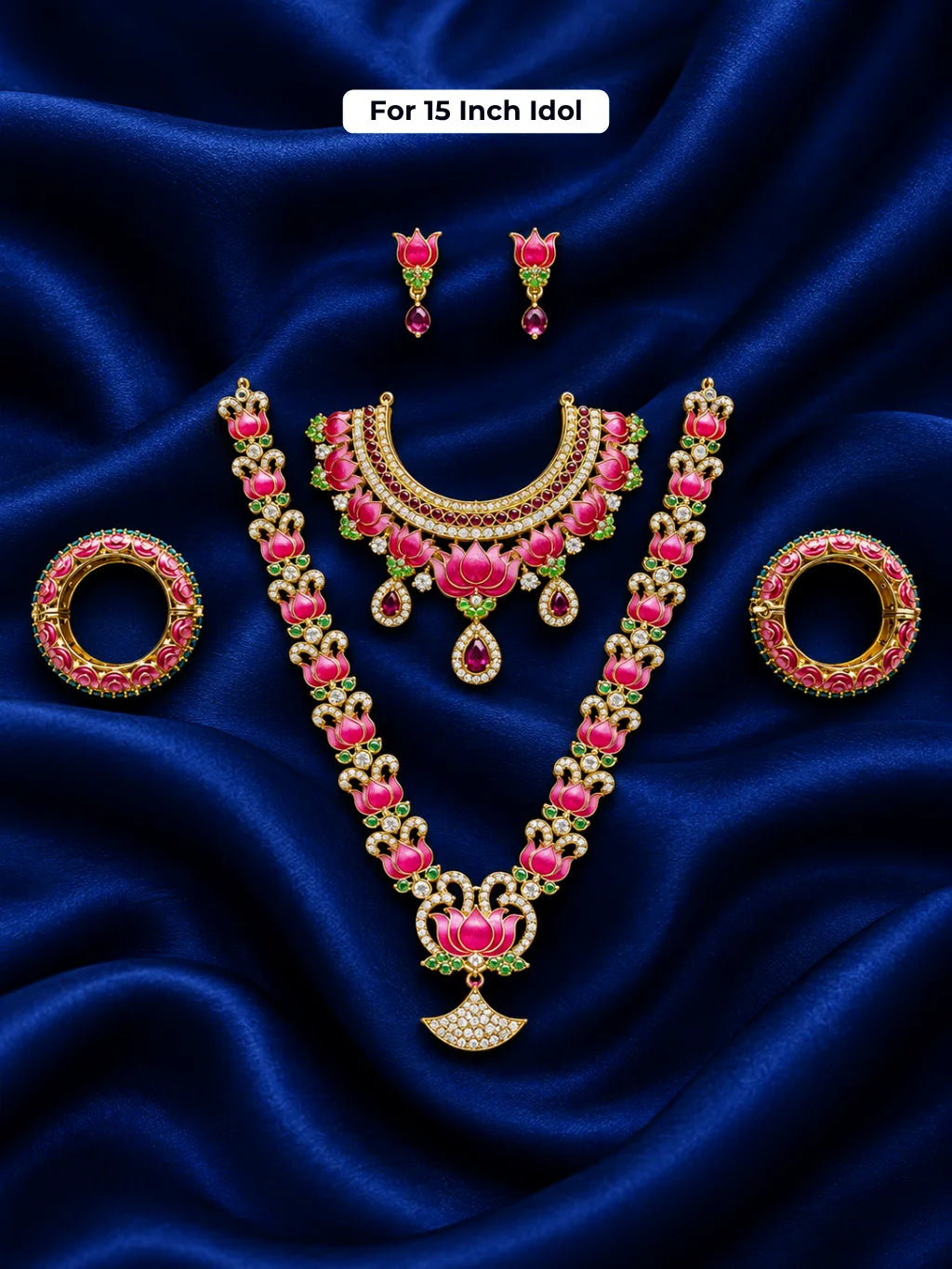 Lotus Rajsi AD Jewellery Set for Deity featuring vibrant lotus motifs, sparkling AD stones and elegant royal detailing for grand festive shringar.