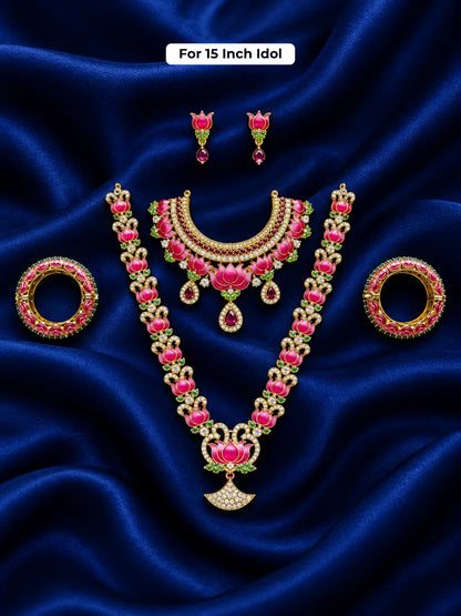 Lotus Rajsi AD Jewellery Set for Deity featuring vibrant lotus motifs, sparkling AD stones and elegant royal detailing for grand festive shringar.