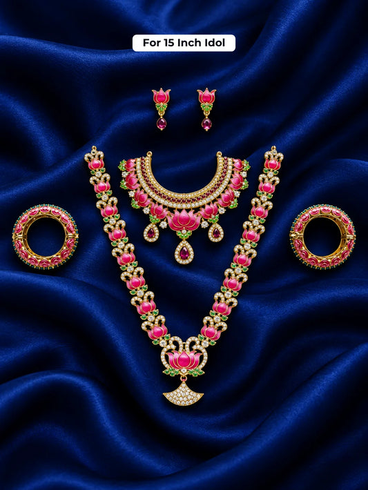 Lotus Rajsi AD Jewellery Set for Deity featuring vibrant lotus motifs, sparkling AD stones and elegant royal detailing for grand festive shringar.