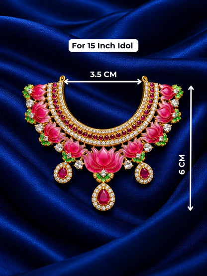 Lotus Rajsi AD Jewellery Set for Deity featuring vibrant lotus motifs, sparkling AD stones and elegant royal detailing for grand festive shringar.