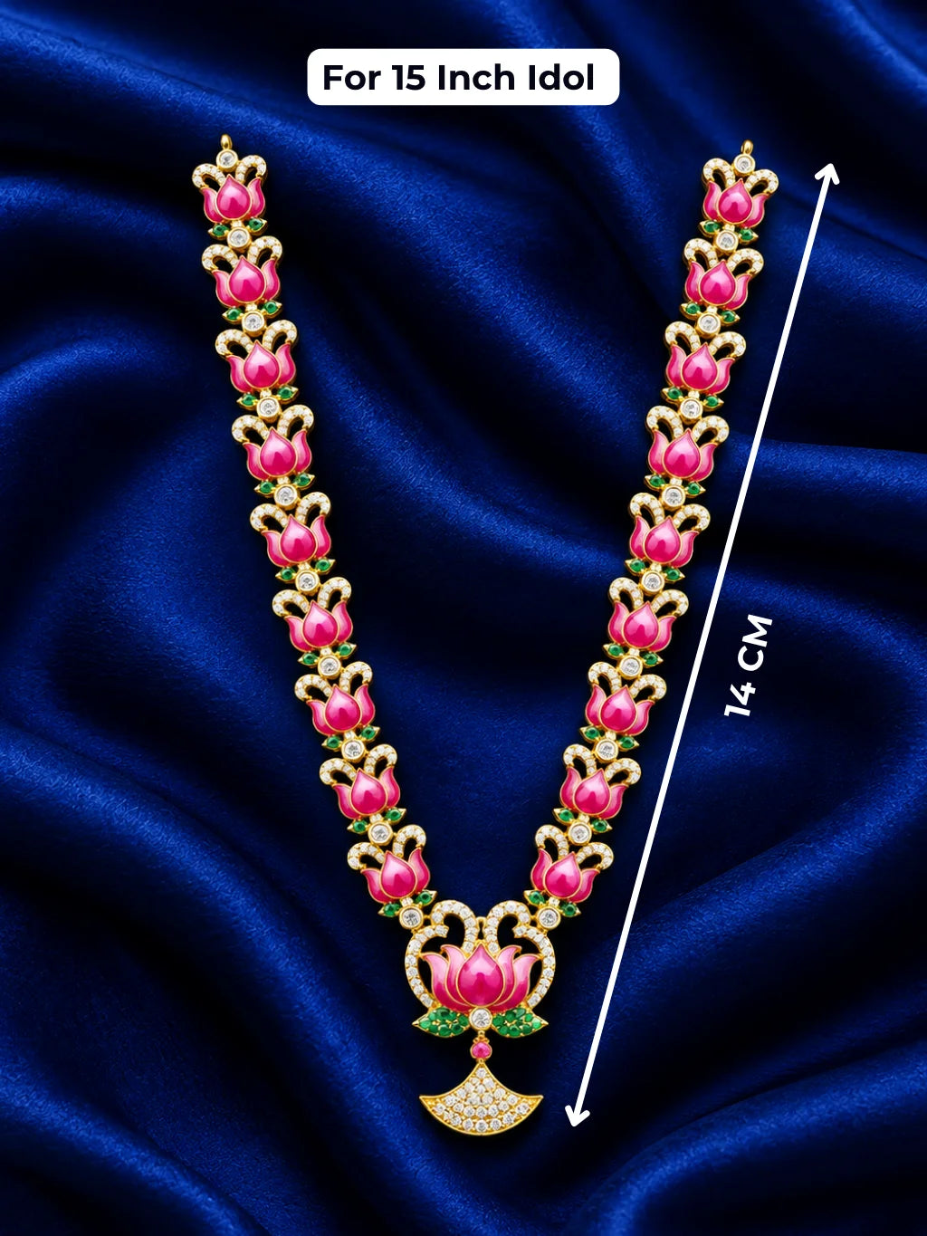 Lotus Rajsi AD Jewellery Set for Deity featuring vibrant lotus motifs, sparkling AD stones and elegant royal detailing for grand festive shringar.
