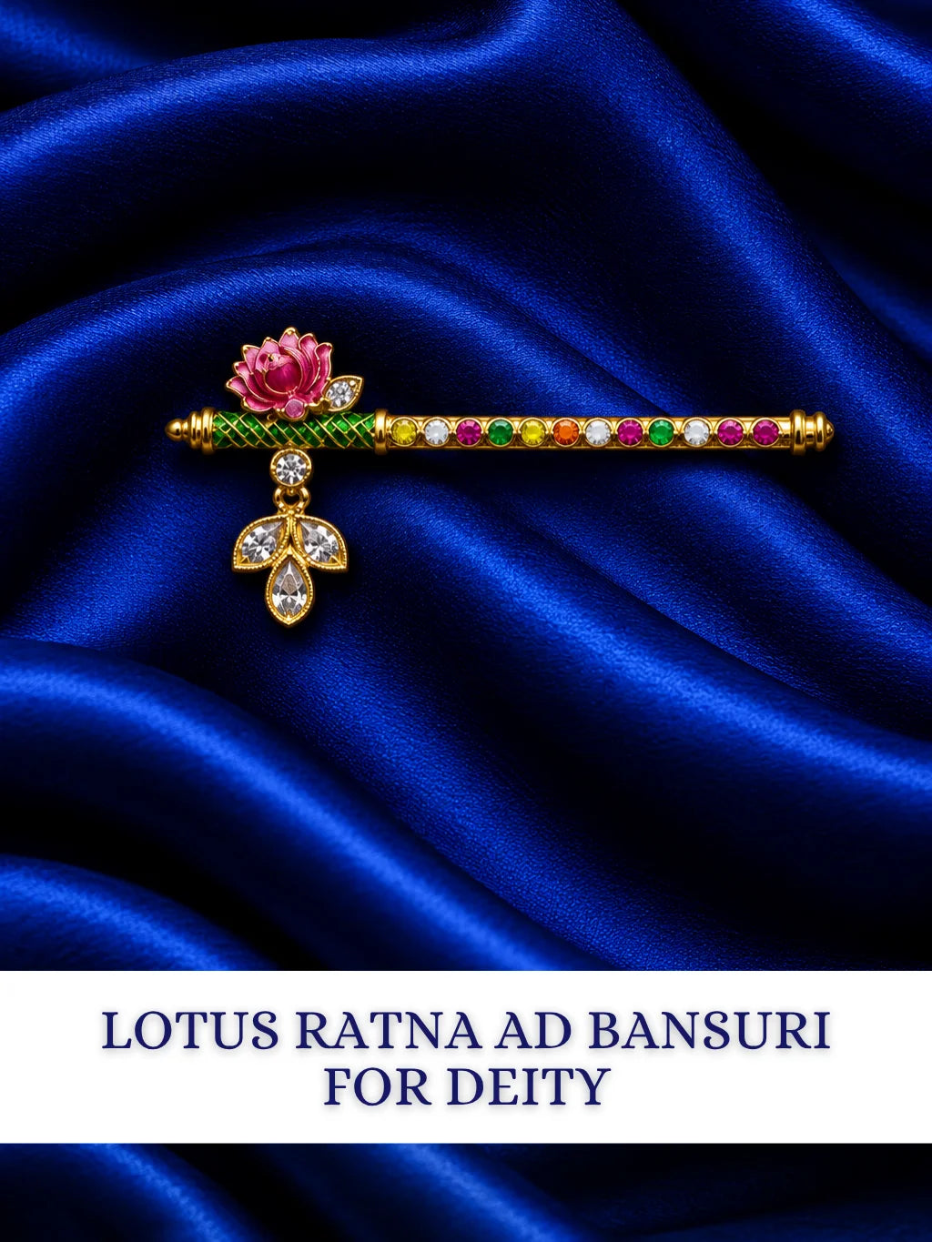  Lotus Ratna AD Bansuri for Deity with elegant lotus-inspired detailing and sparkling AD work. A beautiful shringar flute for Laddu Gopal and Krishna Ji.
