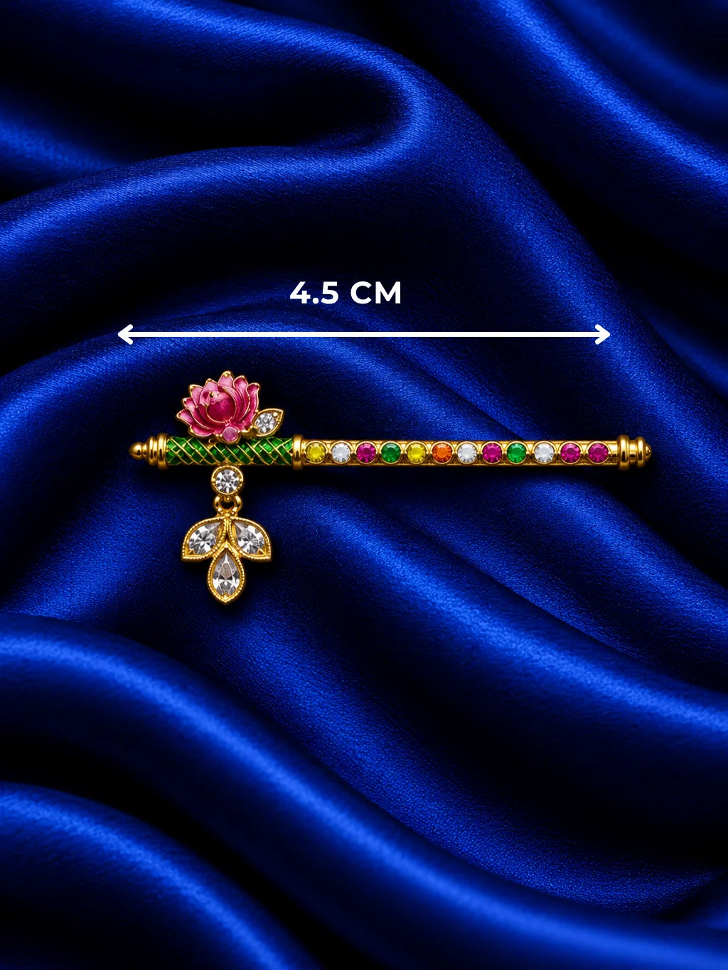  Lotus Ratna AD Bansuri for Deity with elegant lotus-inspired detailing and sparkling AD work. A beautiful shringar flute for Laddu Gopal and Krishna Ji.
